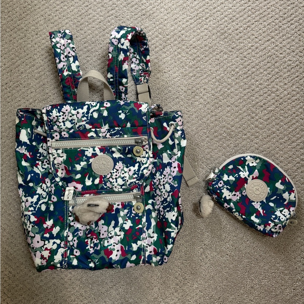 Kipling Multicolor Bucket Backpack and Matching Makeup Pouch